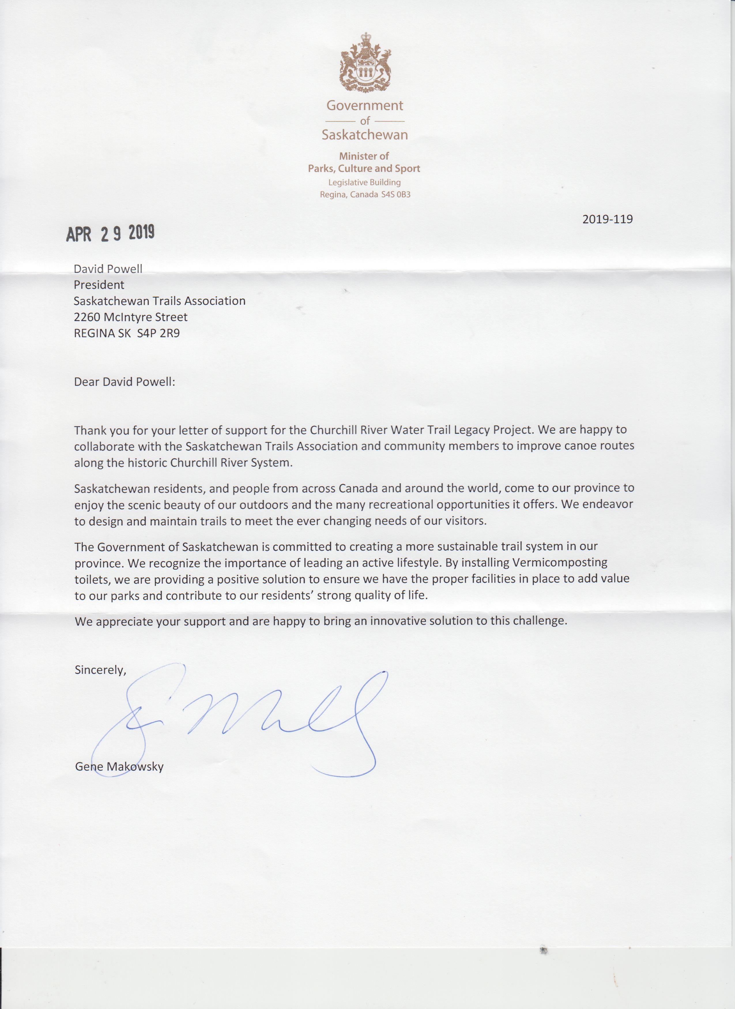 Response Letter - Churchill River Water Trail Legacy Project