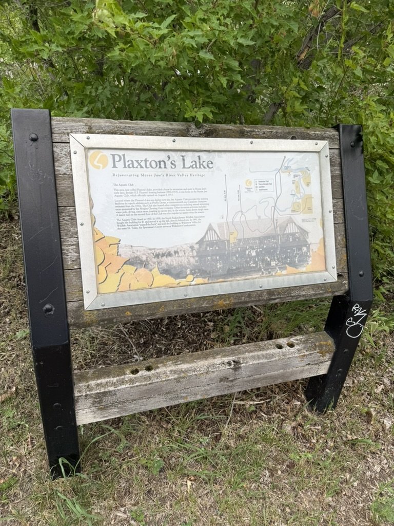 Information sign about Plaxton’s Lake in Moose Jaw’s River Valley