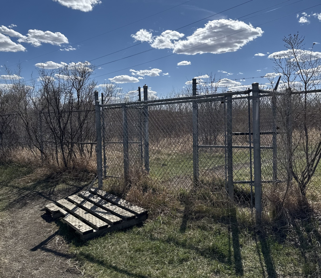 Fence Entrance Photo Fence and narrow access point leading into the Wascana Habitat Conservation Area beside a dirt trail.