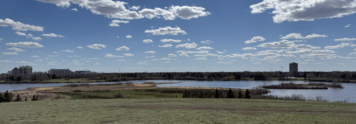 Hill Overlook Wide view overlooking Wascana Habitat Conservation Area from Douglas Park hill, with water, prairie grass, and a bright blue Saskatchewan sky filled with clouds.