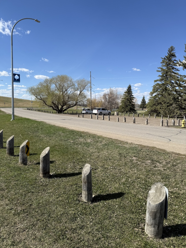 Proper Parking Lot Parking area near the Wascana Habitat Conservation Area entrance with trees, pathway access, and blue sky overhead.
