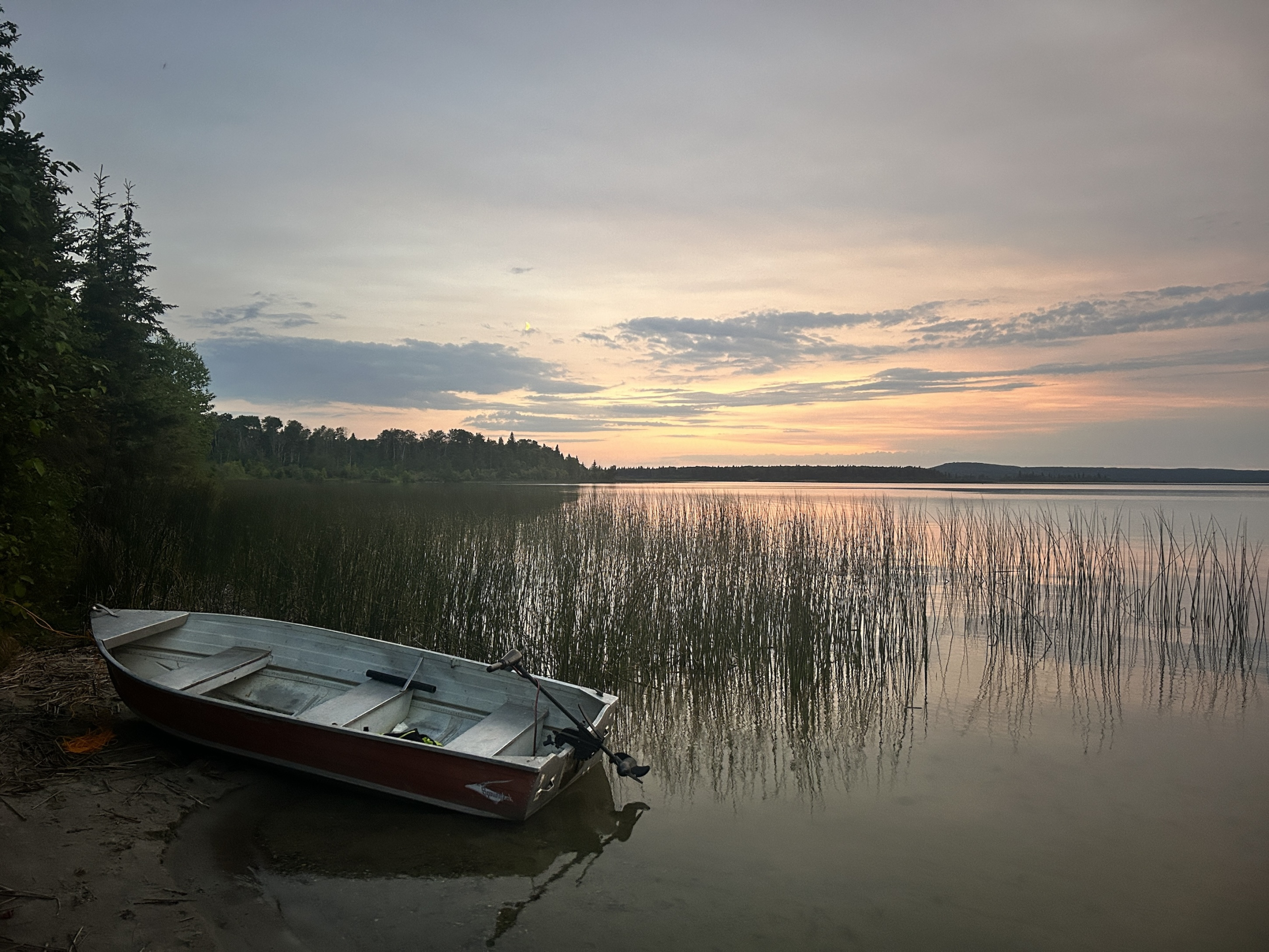 Small aluminum boat beside reeds on North Anglin Lake at sunset in Great Blue Heron Provincial Park.