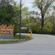 Entrance sign at Echo Valley Provincial Park surrounded by trees